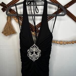Vintage Cache Black Ruched Embellished Bling Keyhole Mermaid Evening Gown